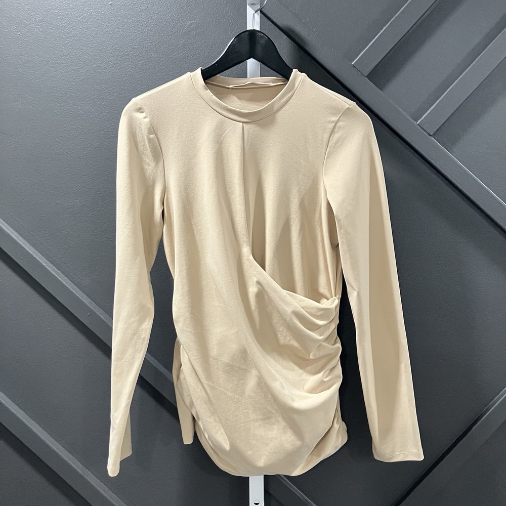 Susana Monaco Size XS Cream Long Sleeve Ruched Draped Stretch Top Minimalist